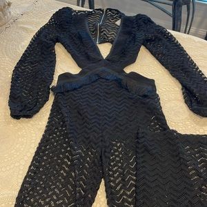 NWOT Lace jumpsuit w/ deep V fringe, open mid drift
